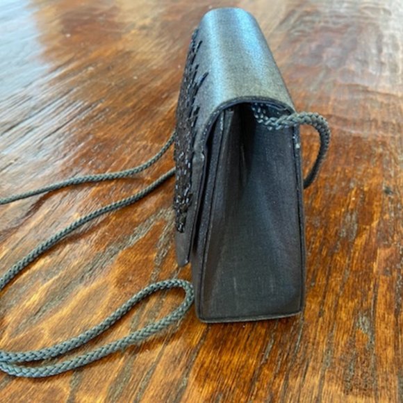 New * GLITTERY Fabric GUNMETAL GRAY Bugle Beads EVENING BAG * Strap (or inside) - Picture 3 of 6